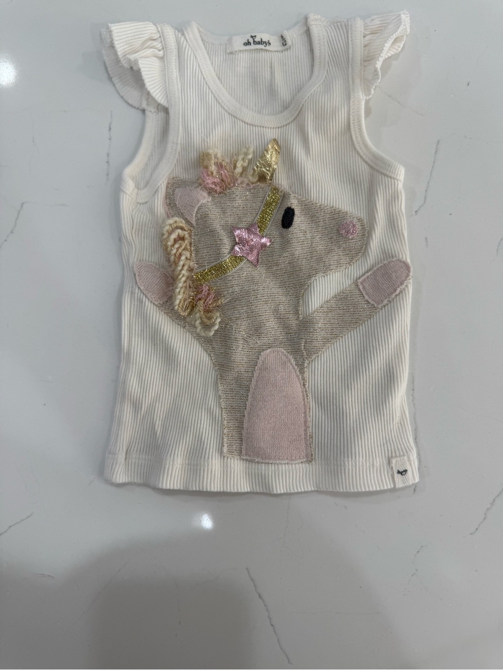 Oh Baby Kids’ 6M Cream Unicorn Appliqué Ruffle Sleeve Tank